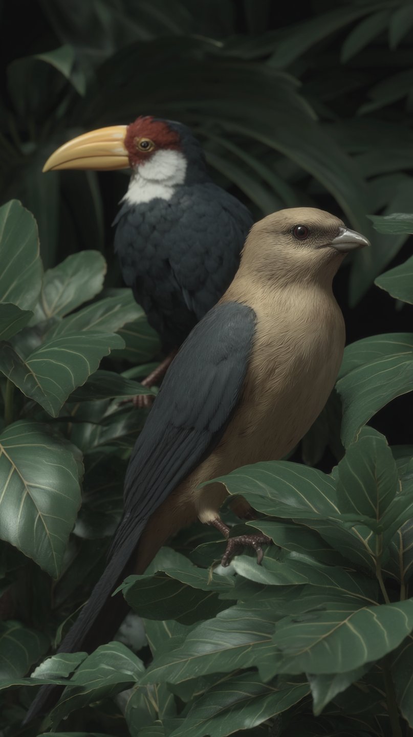 Two exotic birds with vibrant plumage perched on dense green tropical leaves in a dark forest setting.