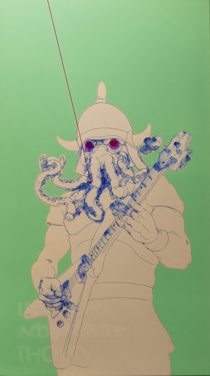 Stylized illustration of a tentacled octopus-headed man in a helmet playing a blue-inked electric guitar.