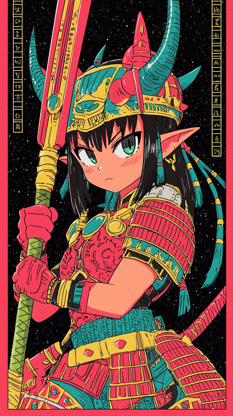 Stylized anime female warrior in red lamellar armor with horns and elf ears holding a large polearm.