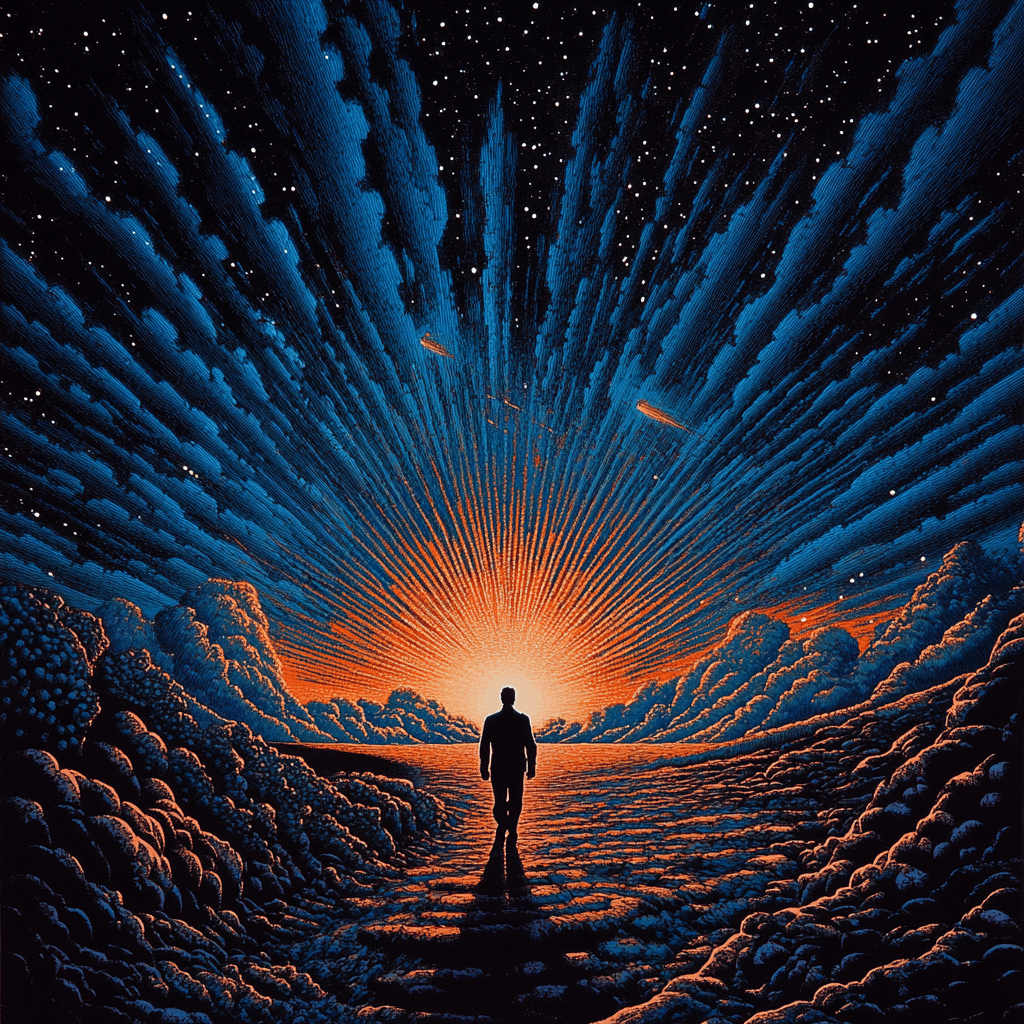 Silhouette of a man in a suit walking toward a bright orange sun on a celestial horizon.