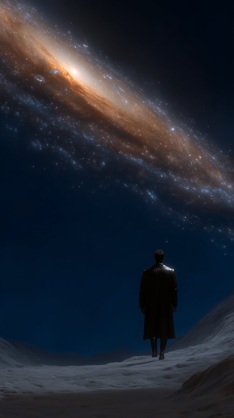 Silhouette of a man in a long coat standing on a rocky planet beneath a massive glowing galaxy.