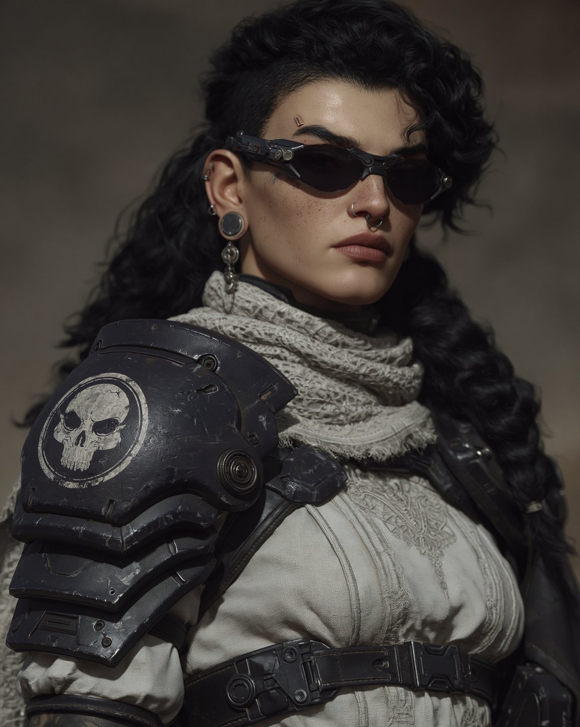 A post-apocalyptic warrior woman with curly dark hair wears tactical skull-emblazoned shoulder armor and futuristic sunglasses.