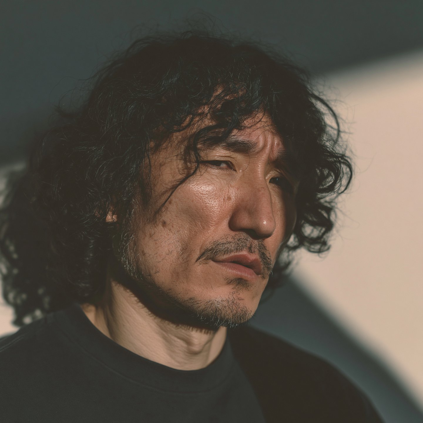 Close-up portrait of a pensive East Asian man with curly hair under dramatic side lighting.
