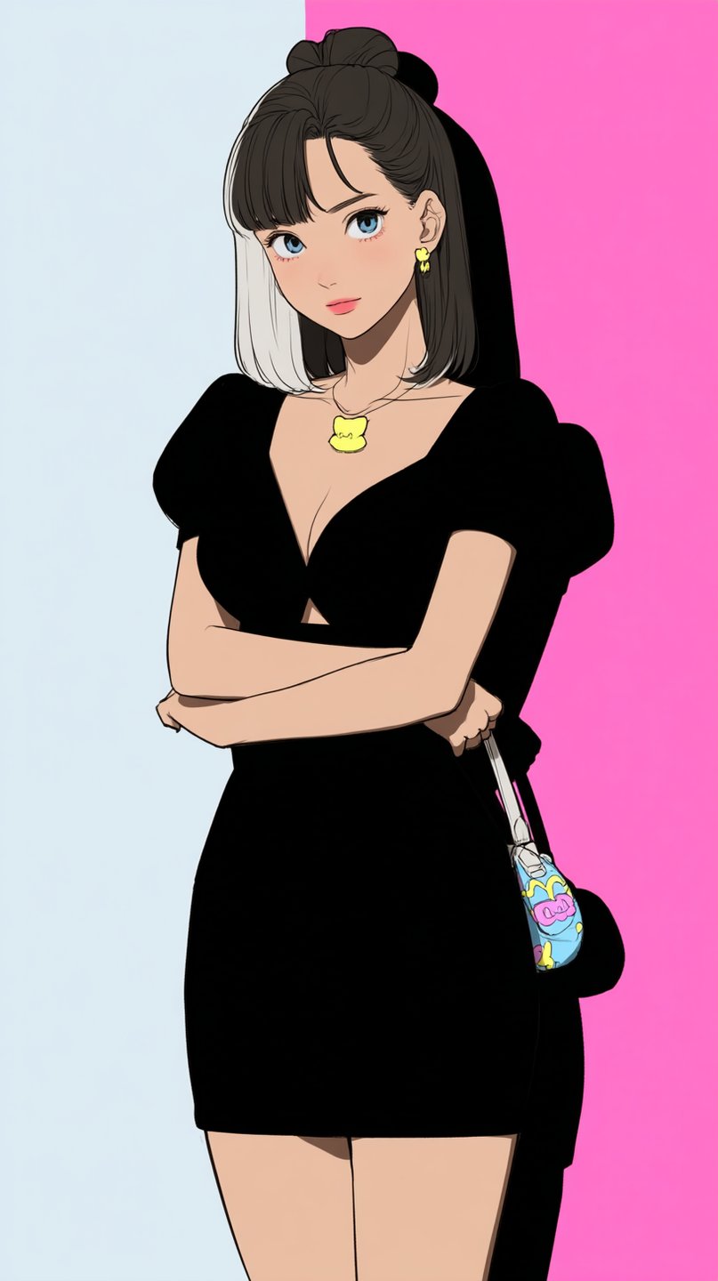 Anime girl with black and white hair wearing a black dress against a pink and blue background.
