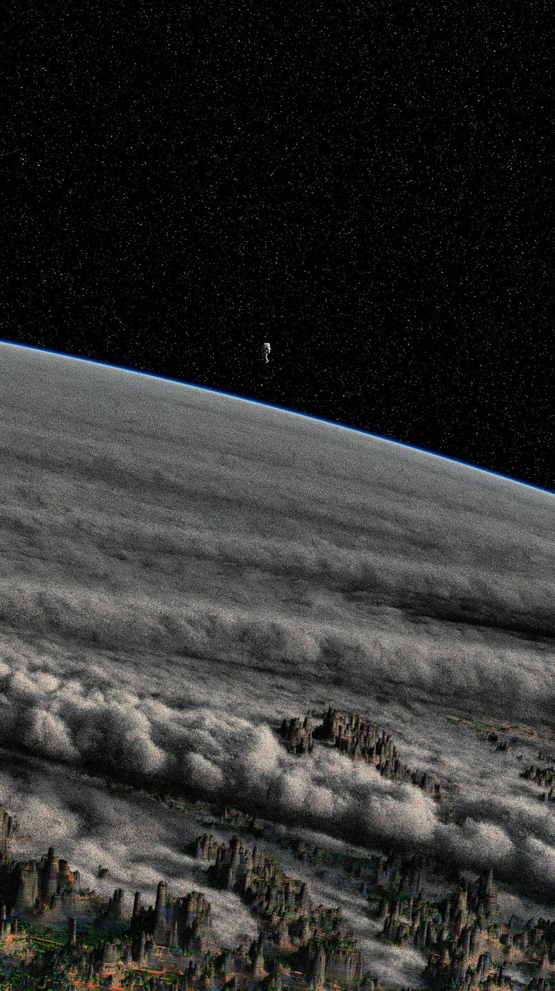 A tiny white astronaut floats in deep space above a massive, textured grey planet with clouds.