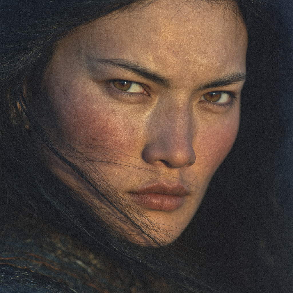 Close-up of a woman with intense amber eyes and wind-swept dark hair under warm, golden lighting.