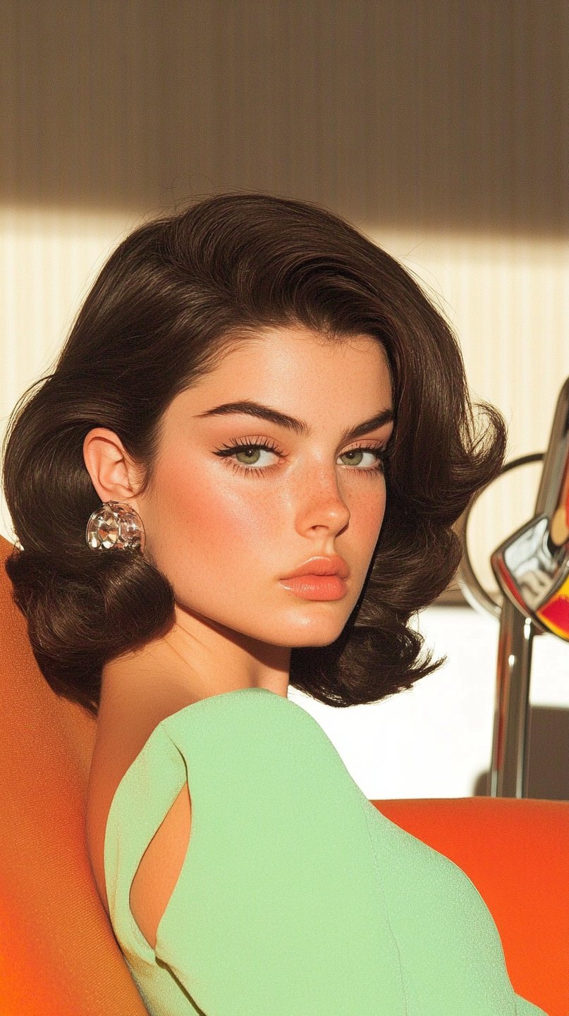 Young woman with retro wavy hair and winged eyeliner looks over shoulder wearing mint green top.