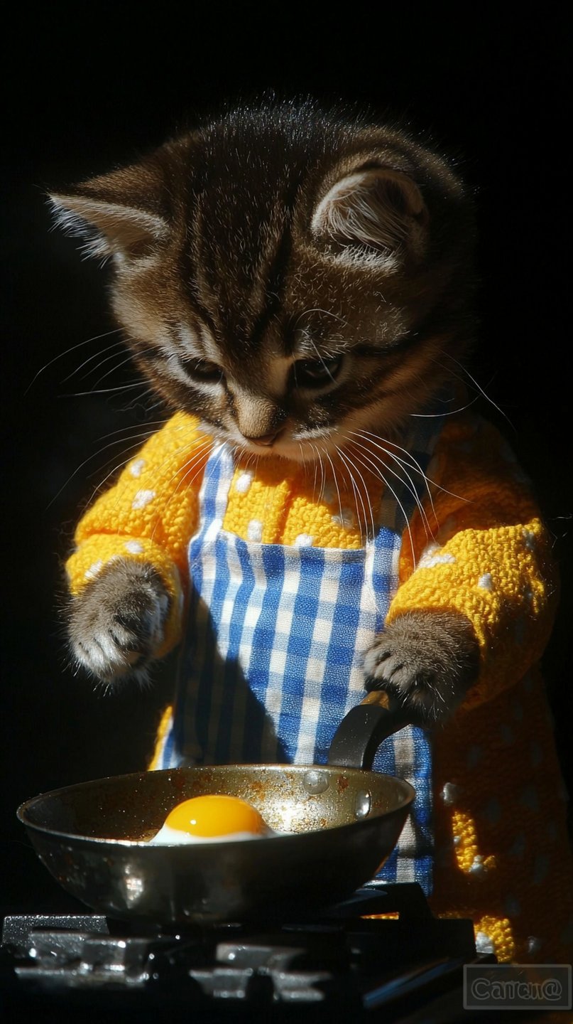 Small tabby kitten wearing a yellow sweater and checkered apron cooking an egg in a miniature skillet.