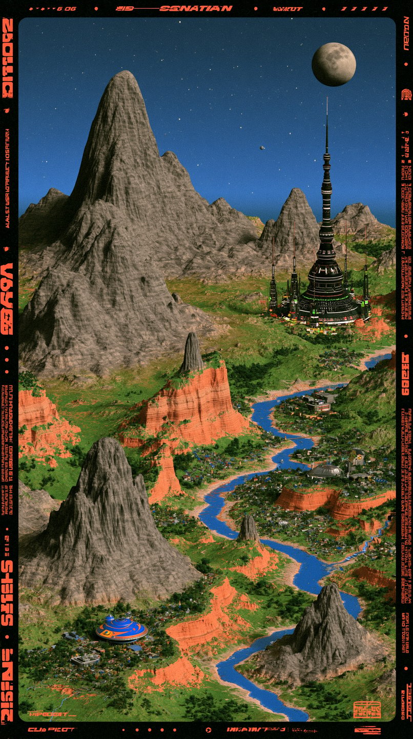 Retro-futuristic planetary landscape with striated grey mountains, winding rivers, futuristic spires, and a starry sky.
