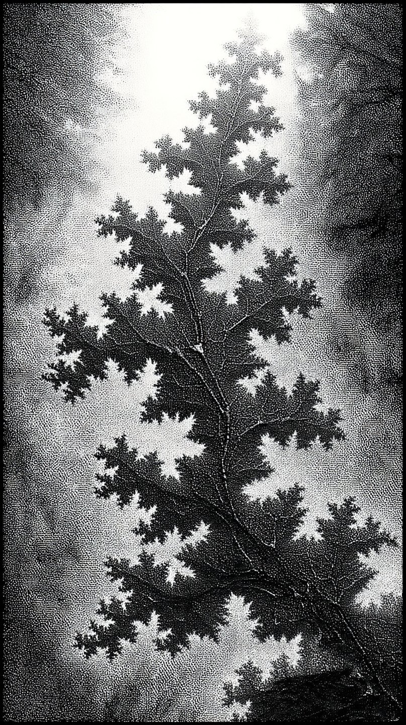 Monochrome fractal tree with intricate stippled textures ascending against a grainy, high-contrast light and dark background.