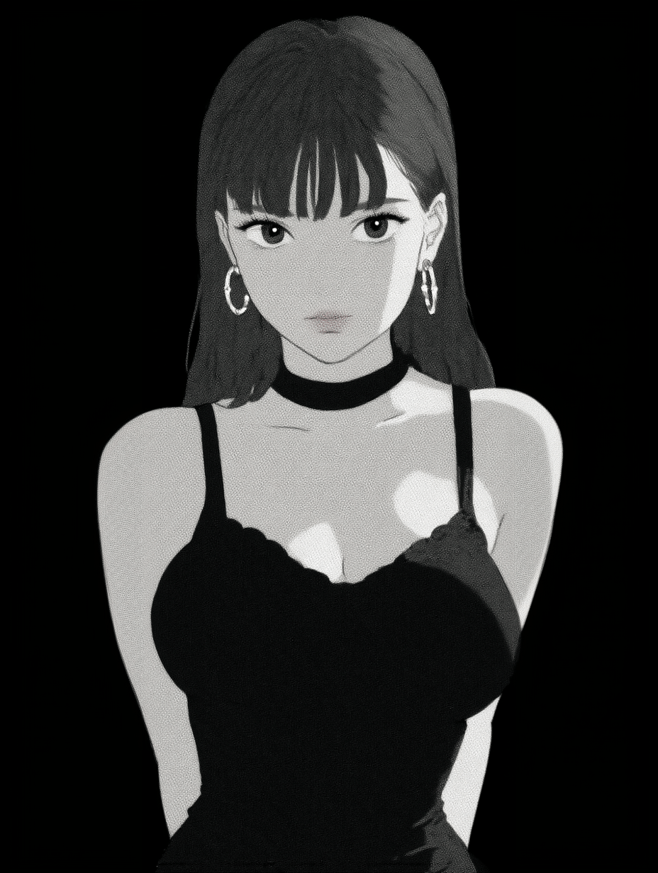 Young woman with bangs and a black choker stares forward in a monochrome manga-style digital illustration.