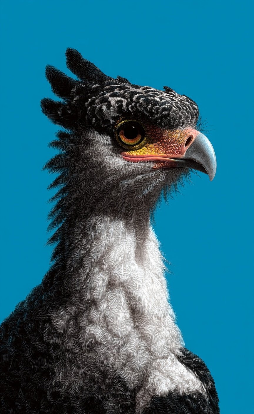 Profile of a secretary bird with a black crest and amber eye against a solid cyan background.
