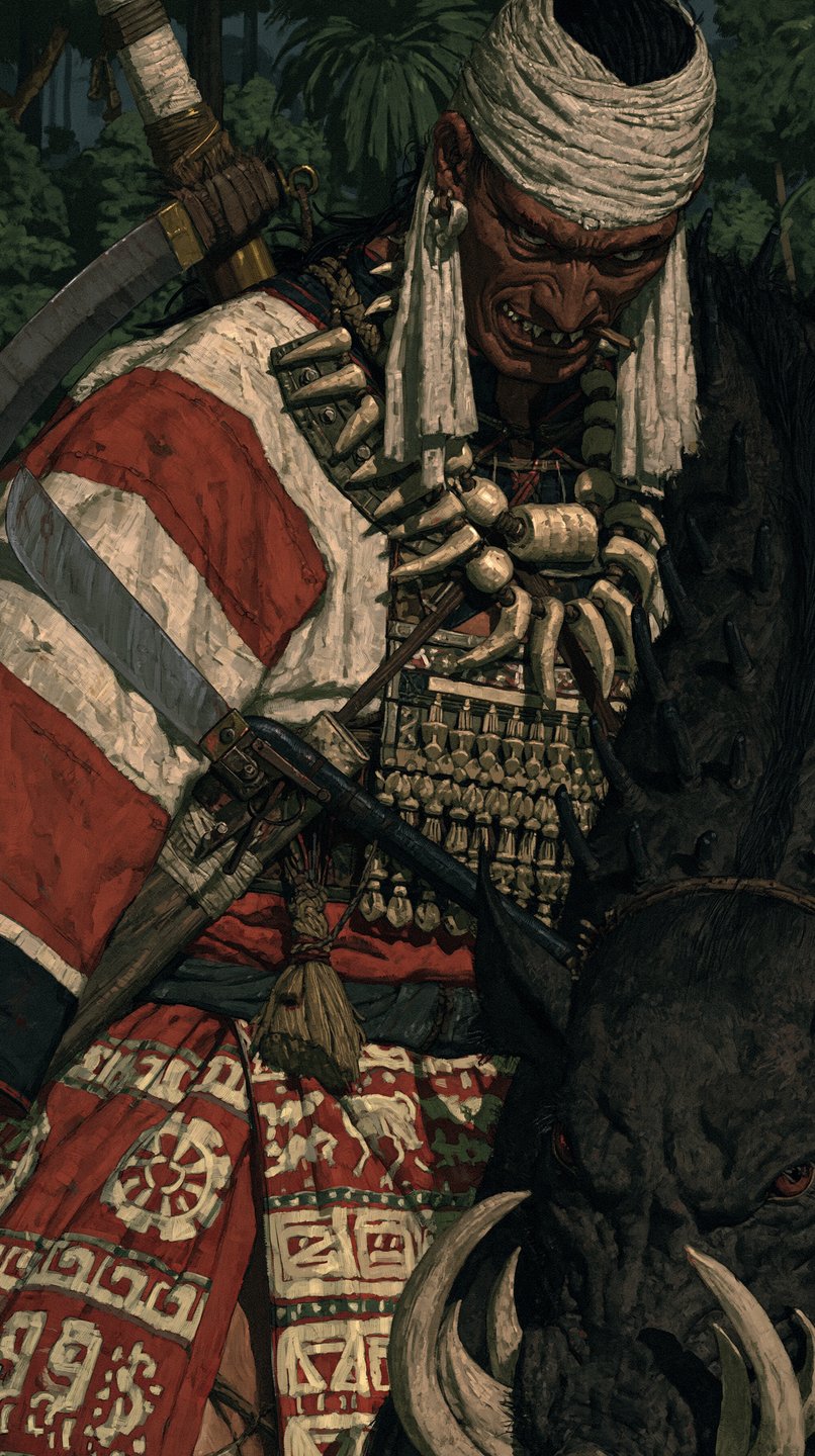 Fierce tribal warrior with a bone necklace and head wrap riding a tusked beast in a jungle.