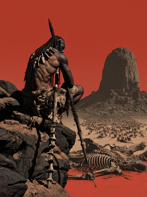 A tribal warrior sits on a rocky ledge overlooking a vast red desert with a giant skeleton.