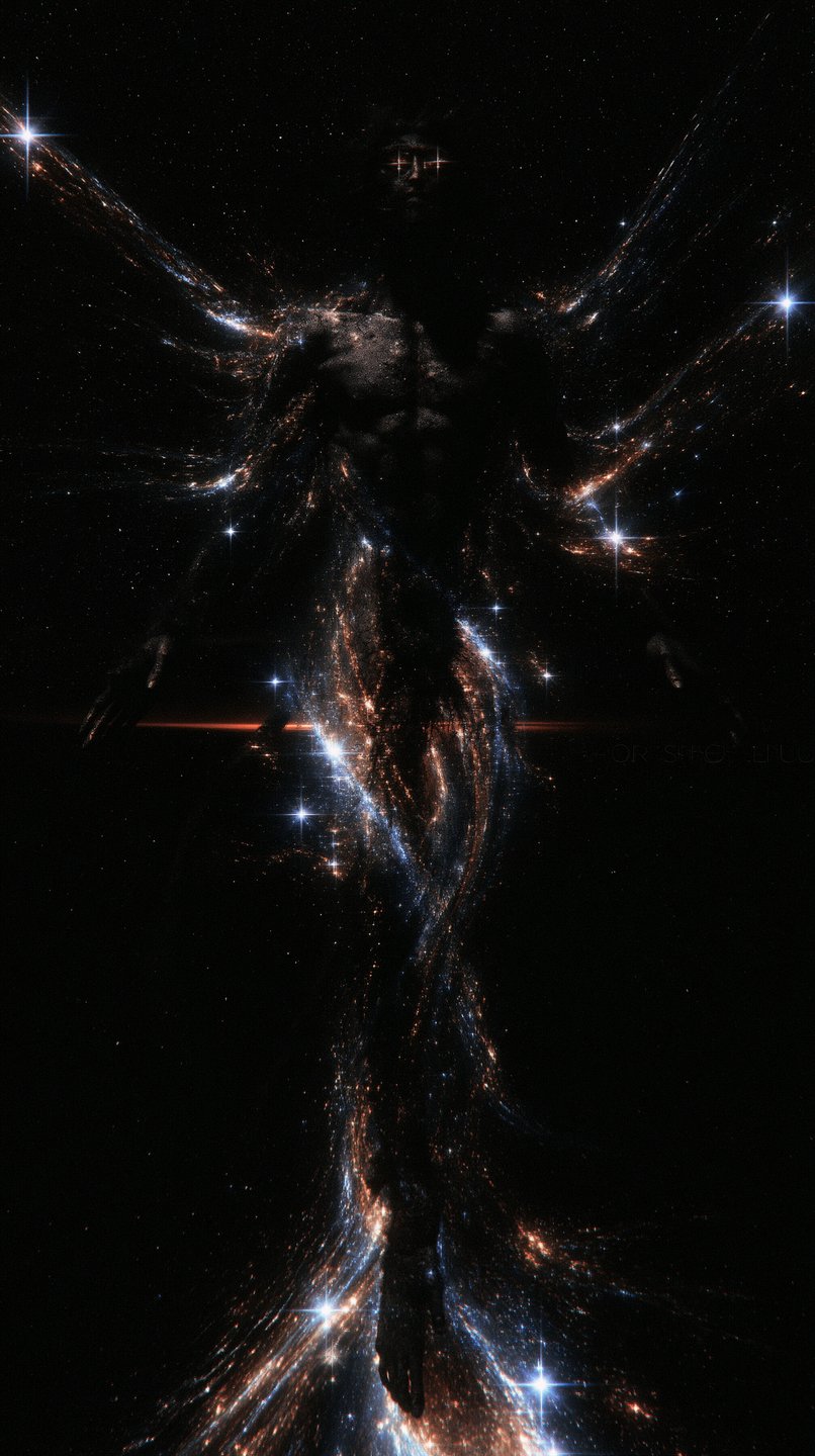 A dark celestial figure woven from glowing stardust and nebulae floats silently in the deep space void.