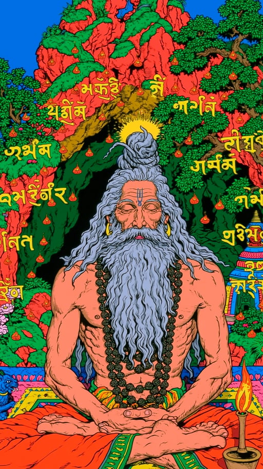 A meditating Hindu sadhu with a long grey beard sits in lotus position amidst a colorful psychedelic landscape.