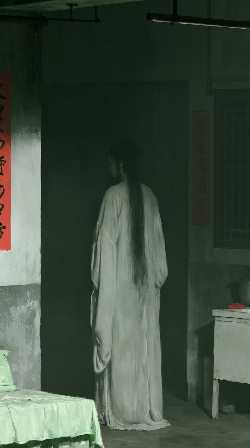 A figure in a long white robe with long black hair stands in a dark green room.
