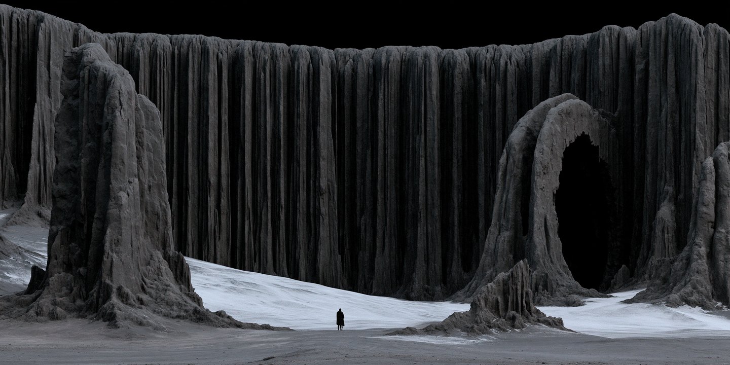 A tiny cloaked figure stands in a vast desolate landscape before towering vertical basalt cliffs.