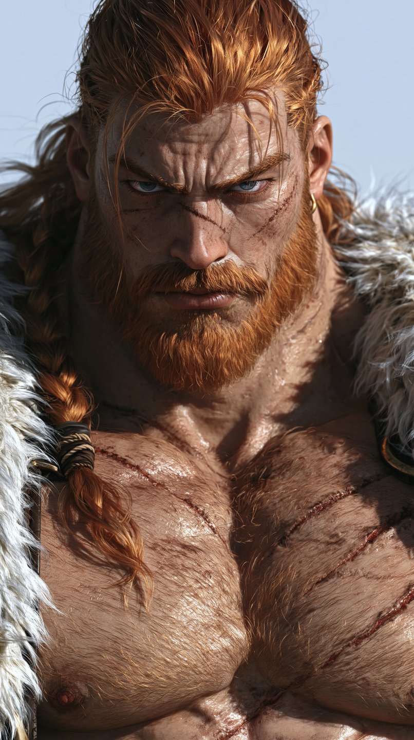 Close-up of a muscular, red-haired warrior with facial scars, a thick beard, and fur-lined collar.