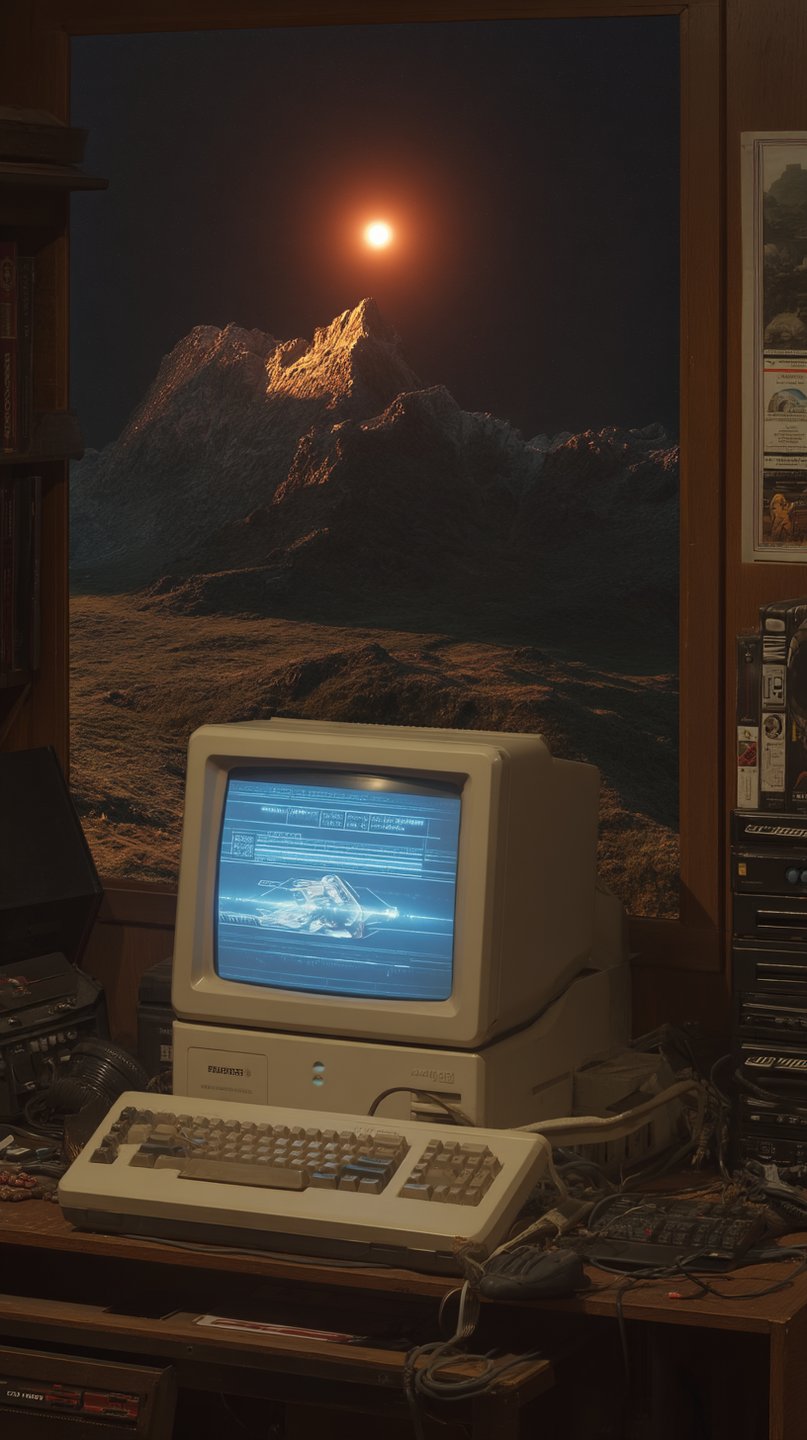 Vintage computer terminal on a cluttered desk with a view of a glowing mountain peak and sun.