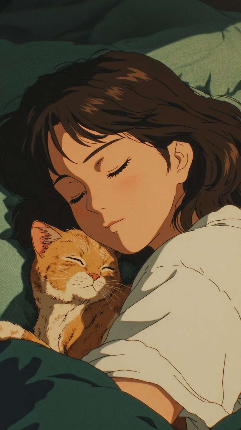 Young woman with dark hair and a ginger cat sleeping peacefully under soft warm afternoon sunlight.