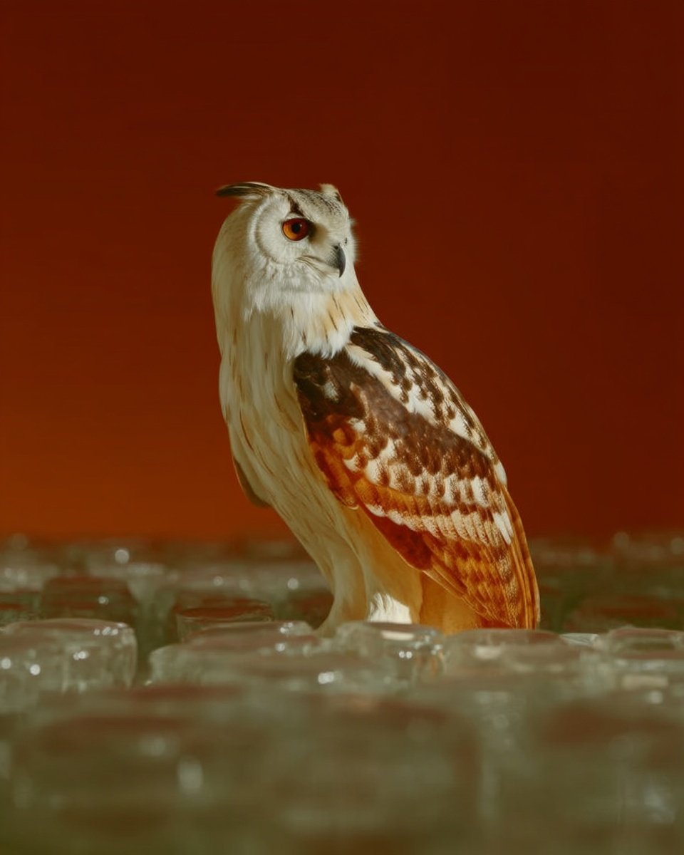 An eagle owl with amber eyes perches on glass jars against a solid reddish-orange studio background.