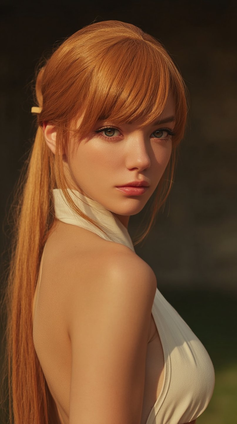 Young woman with auburn hair and green eyes wearing a white halter top in warm sunset light.
