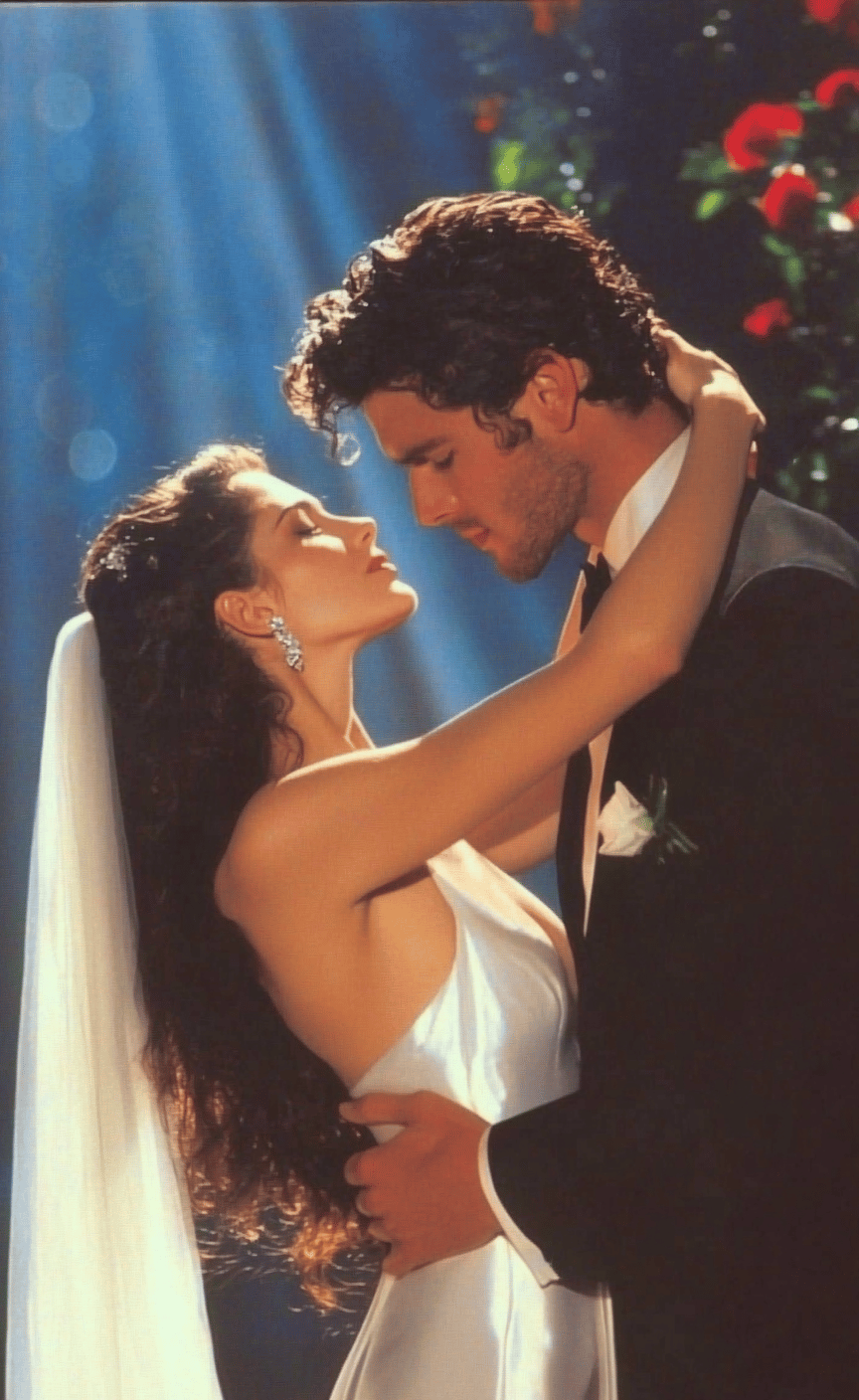 A bride and groom in an intimate embrace under blue volumetric light beams with red roses background.