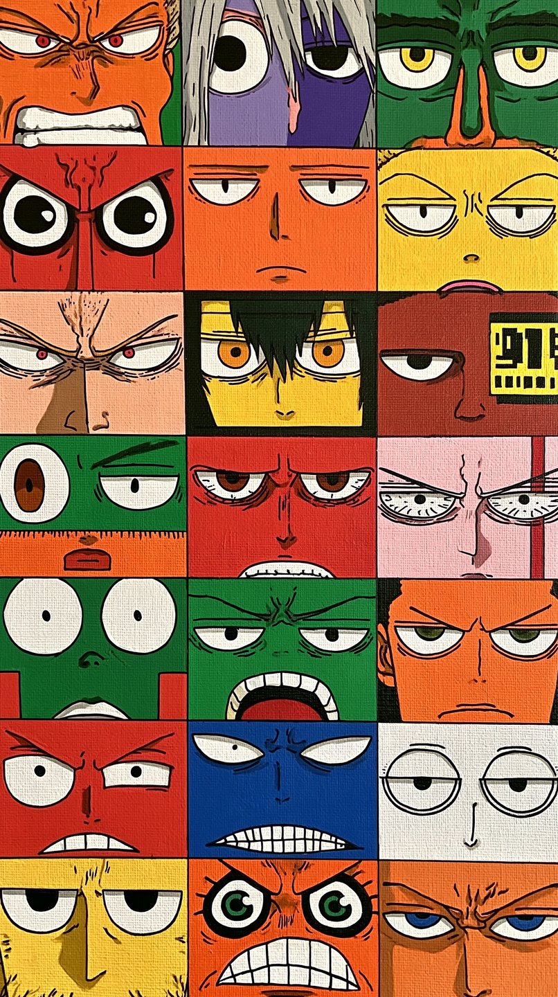 A hand-painted grid of twenty-one colorful anime character faces focusing on intense, expressive eyes.