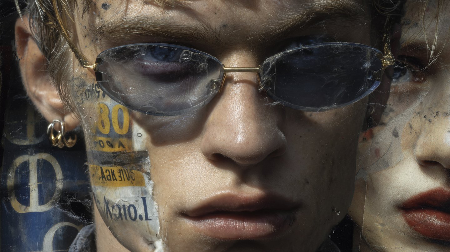 Close-up of a young man with blonde hair and blue-tinted oval sunglasses with paper on his cheek.