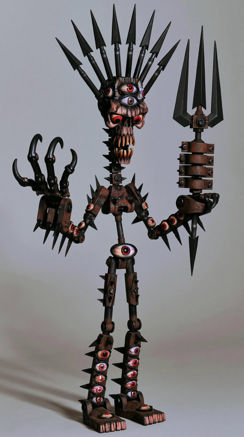 A spiked skeletal monster puppet with multiple bloodshot eyeballs holds a dark trident against a grey background.