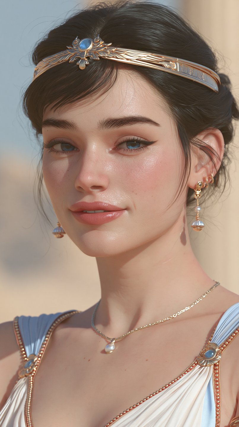 A young woman with dark hair wears a gold diadem and pearl earrings against a desert background.