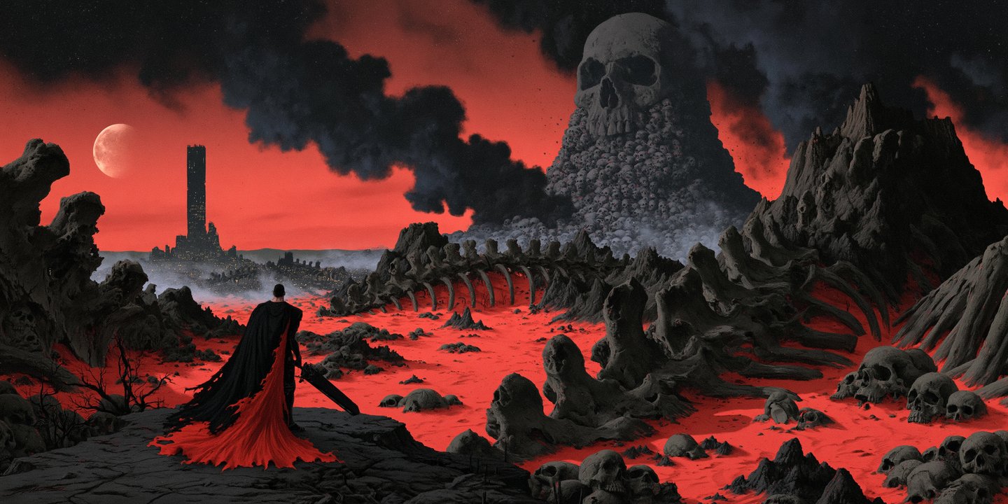 A caped warrior with a giant sword stands on a rocky ledge overlooking a skull-filled crimson wasteland.