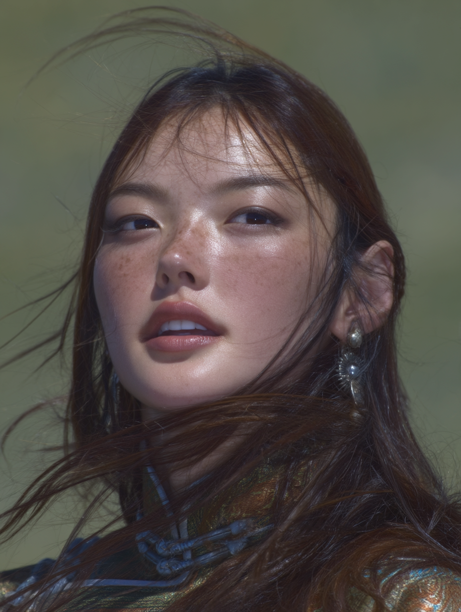 Close-up portrait of a freckled Asian woman with wind-blown hair wearing a gold brocade high-collar garment.