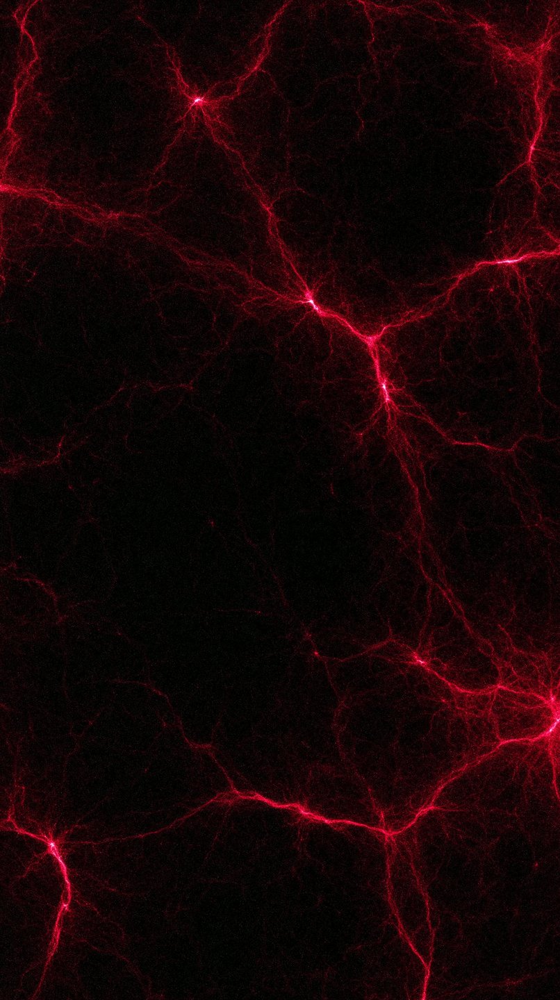 Glowing red neural-like filaments and energy pathways branching across a dark, textured black background.