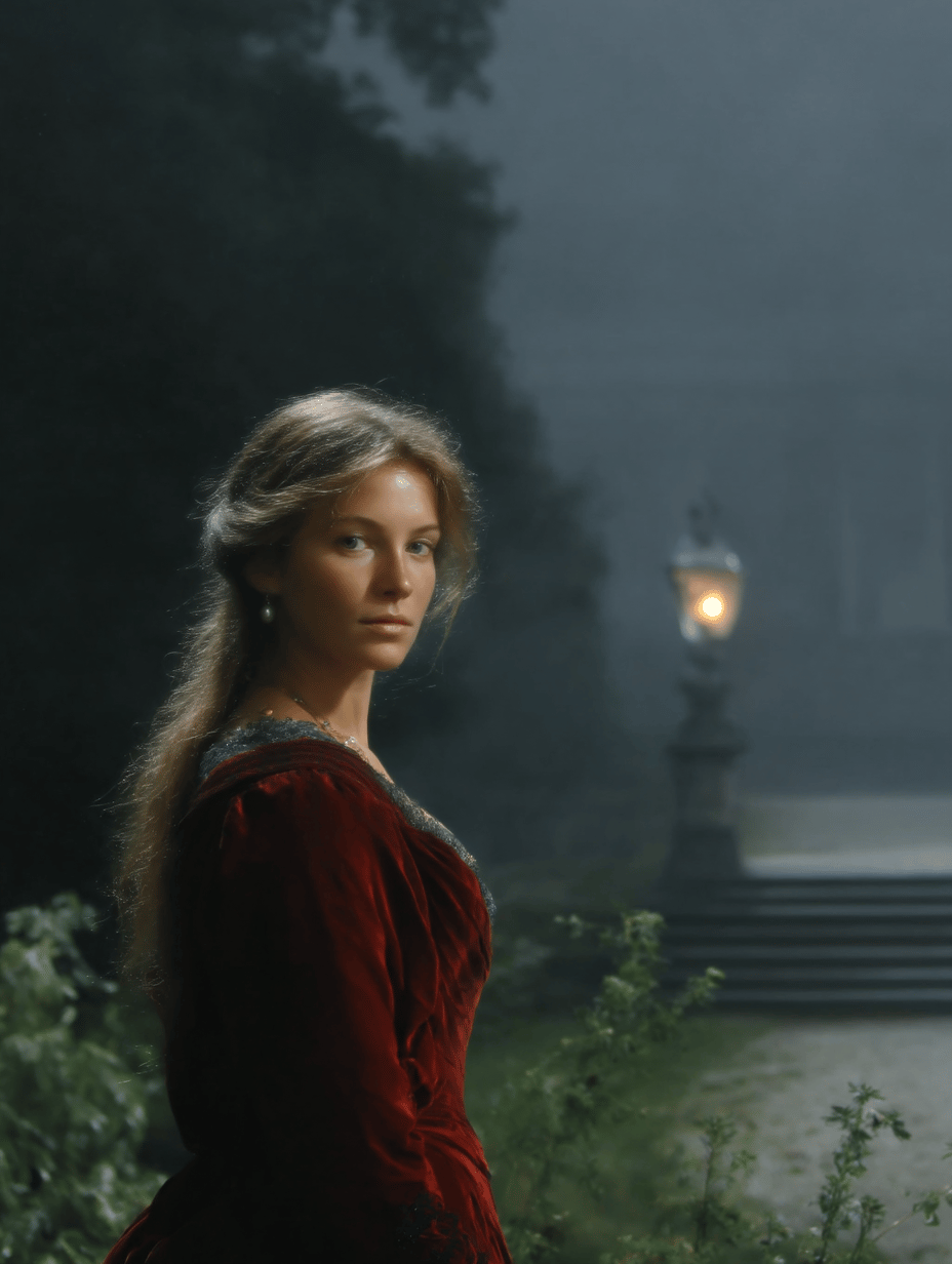 Young woman in a crimson velvet dress stands in a misty garden beside a glowing stone lantern.
