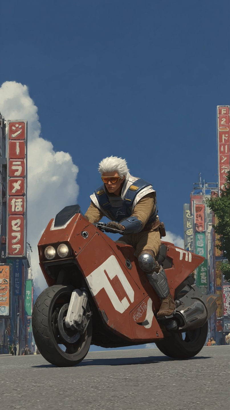 White-haired male rider on a red futuristic motorcycle traveling through a bright cyberpunk city with vertical signs.