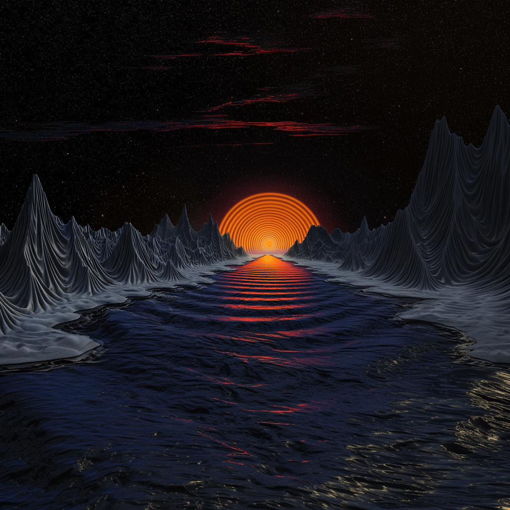 Concentric orange sun rising over a dark river between pleated monochromatic mountains under a starry night sky.