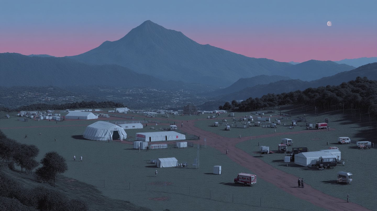Wide view of a tented camp at the base of a large mountain under a pink twilight sky.