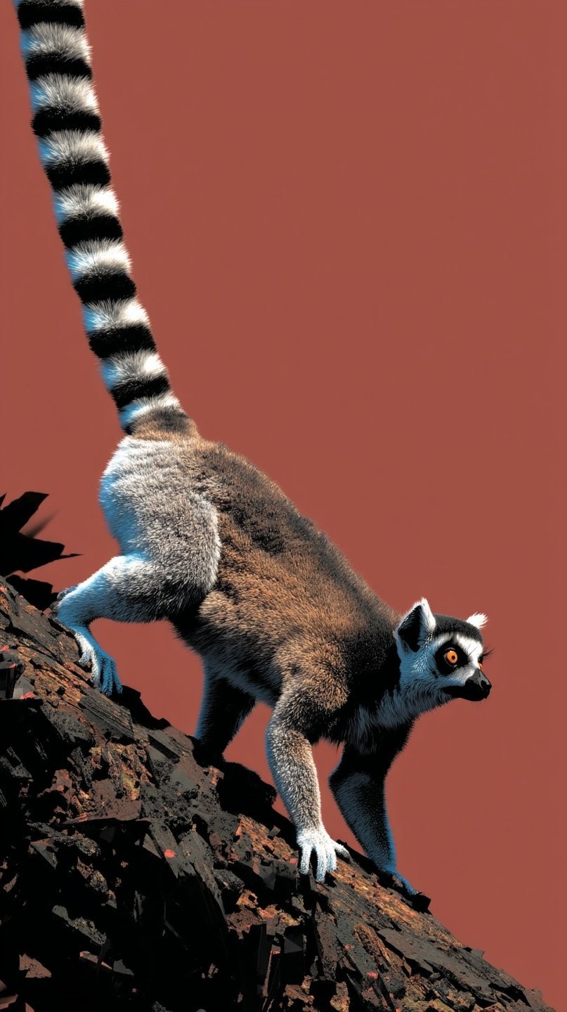 Ring-tailed lemur with a long banded tail climbs a dark rocky slope against a solid terracotta background.