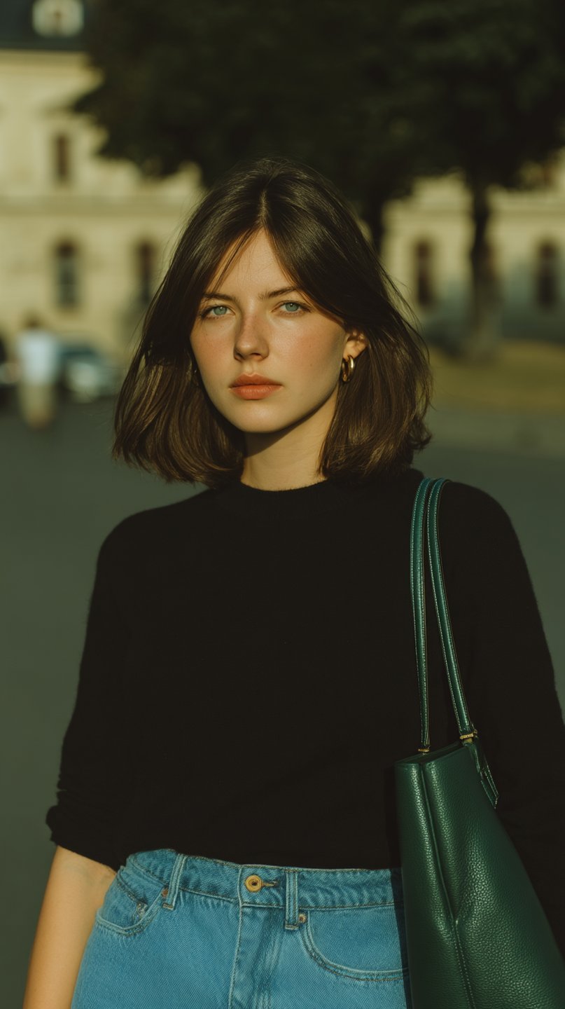 Young woman with short brown hair in a black sweater and jeans posing in a blurred city square.