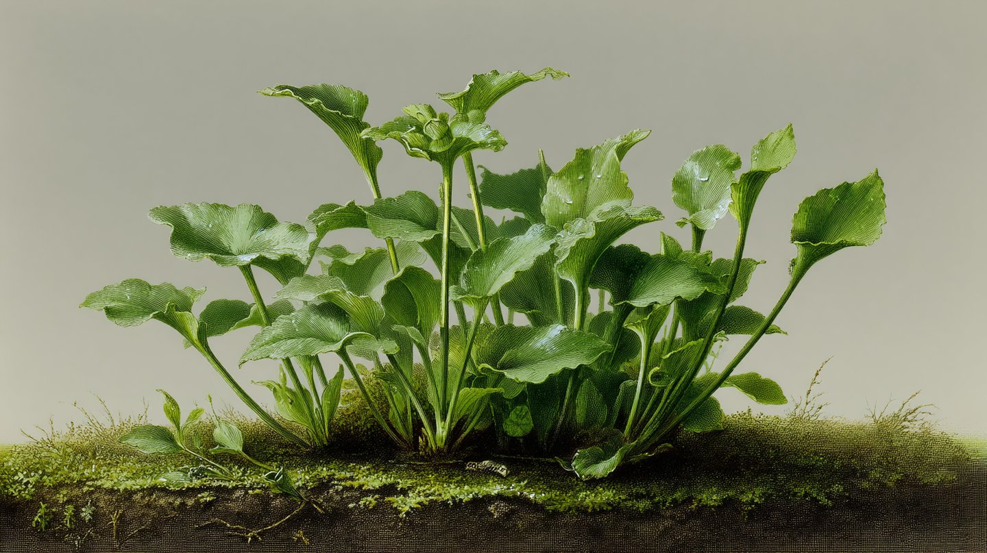 Detailed vintage botanical illustration of broad green leaves growing from mossy soil against a neutral background.