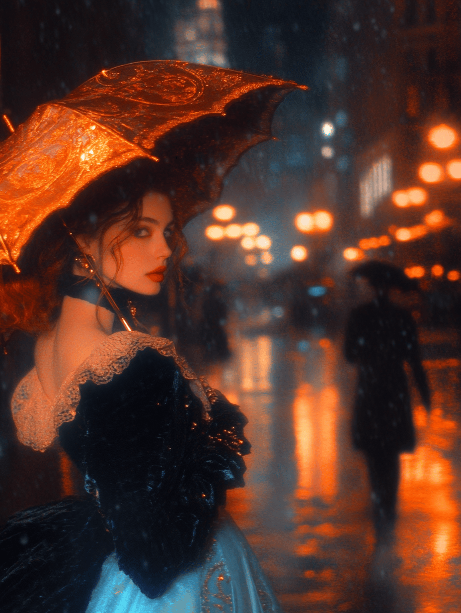 Young woman in dark velvet dress holding a glowing amber parasol on a rainy, bokeh-lit city street.