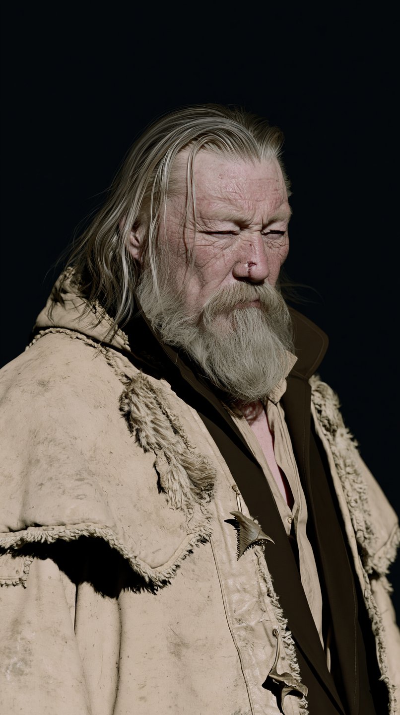 Weathered older man with a blonde beard wearing a distressed fur-lined leather coat against a dark background.