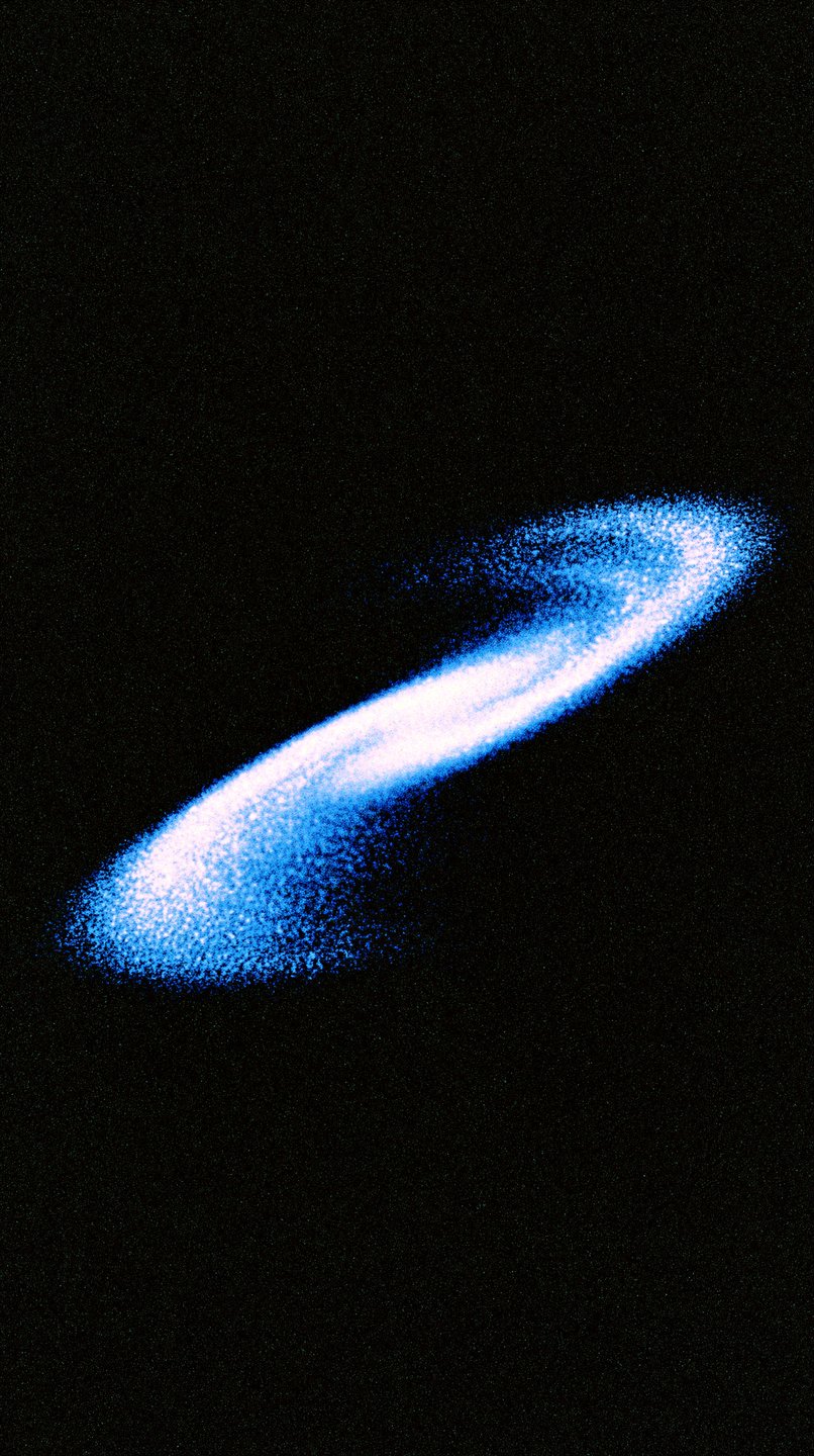 Glowing blue and white abstract spiral galaxy shape centered on a heavily textured grainy black background.