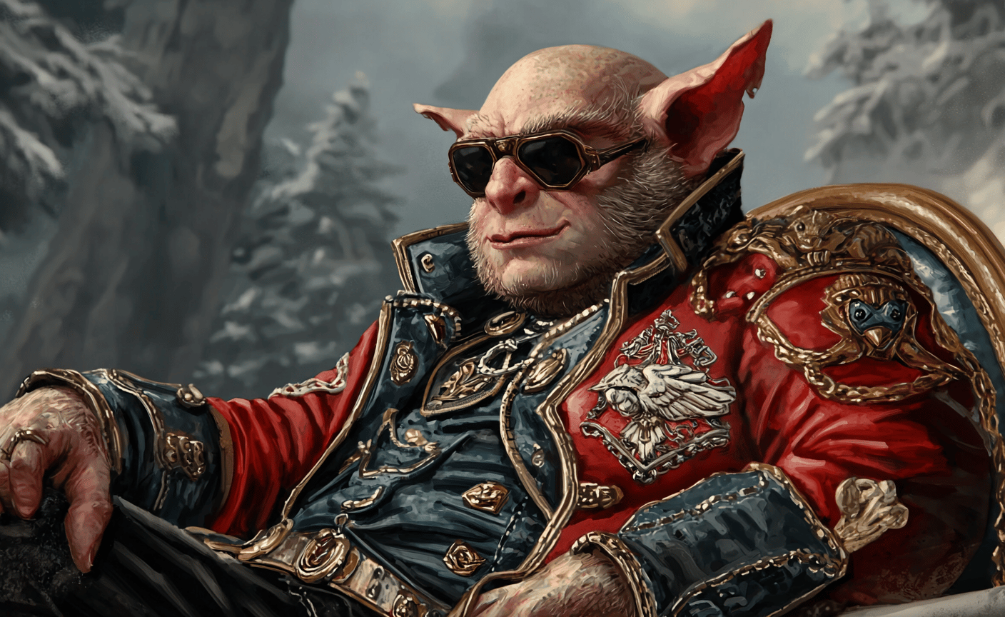 Goblin character wearing a decorated red military jacket and aviator sunglasses seated in a snowy forest.