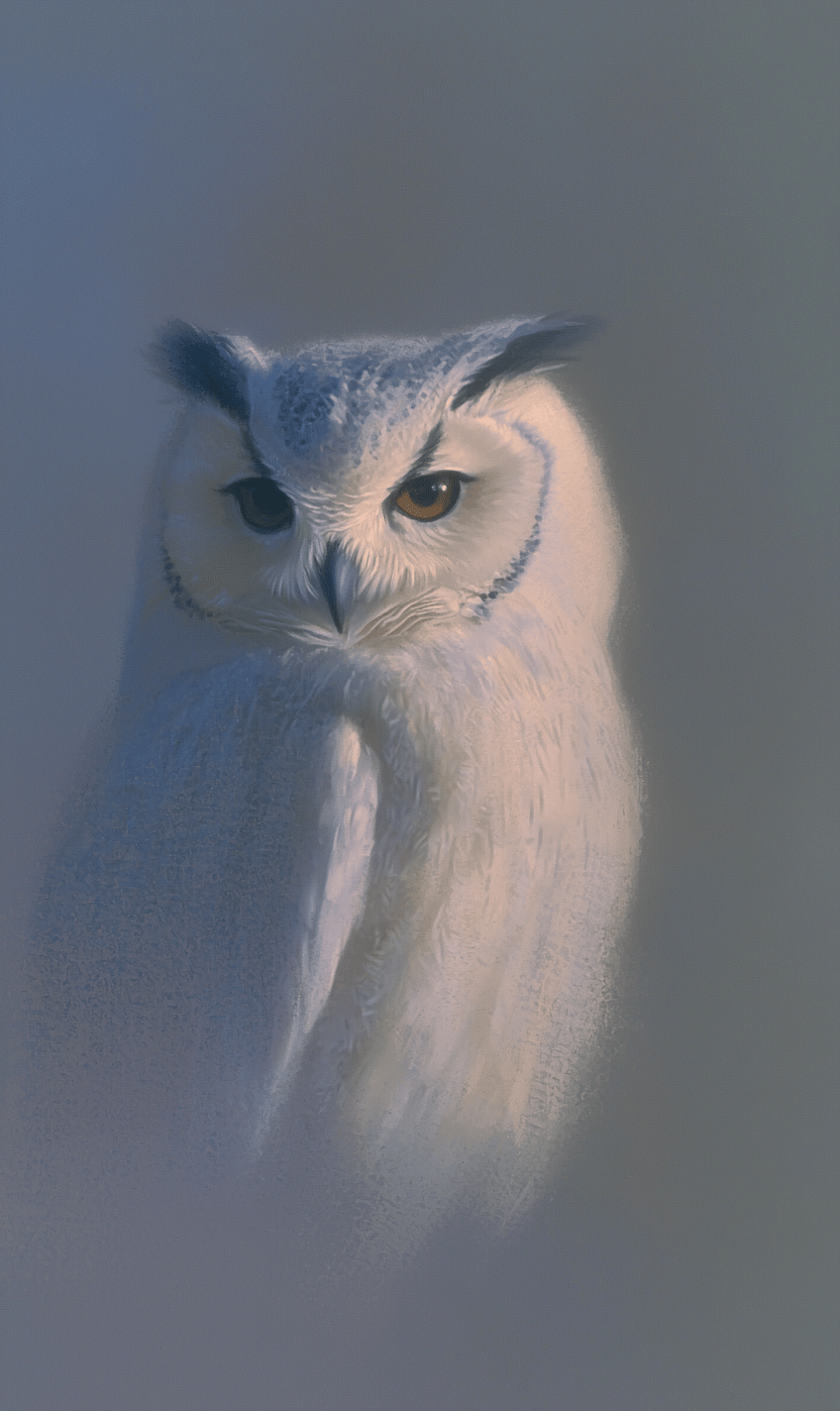 Vertical digital painting of a white owl with piercing amber eyes against a soft grey background.