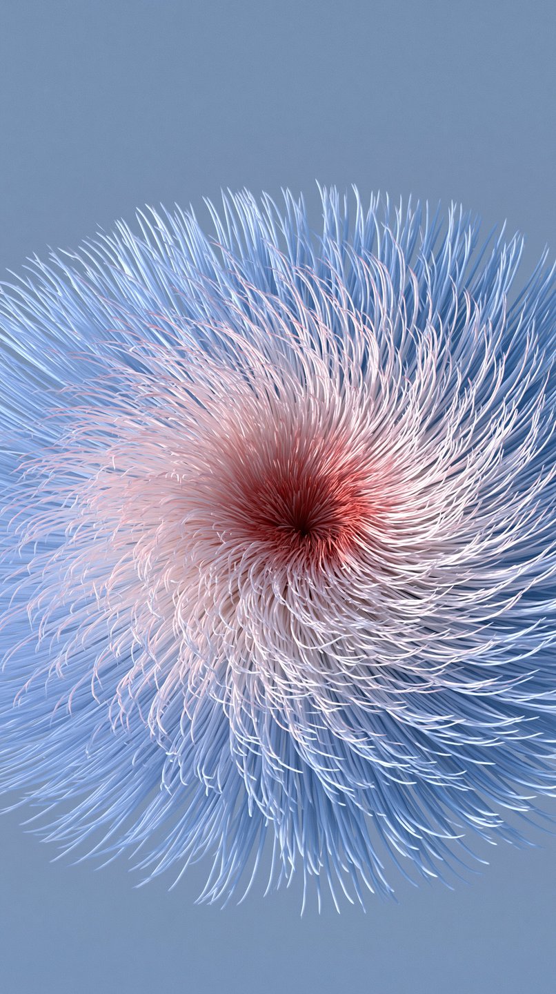 A radial 3D abstract sculpture with pink and blue fibrous strands swirling outward from a dark red center.