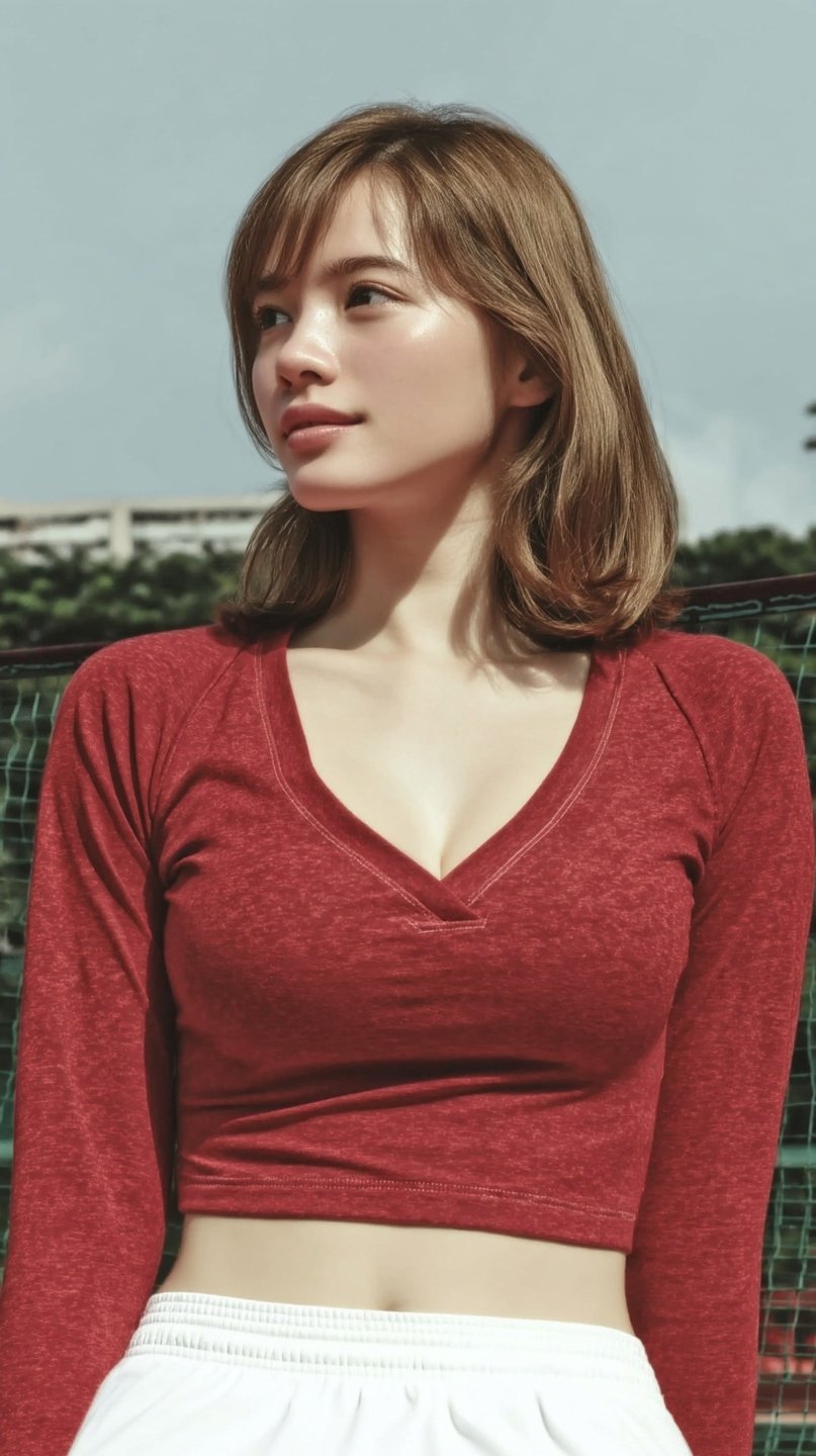 Young woman with brown hair wearing a red crop top and white shorts at a tennis court.