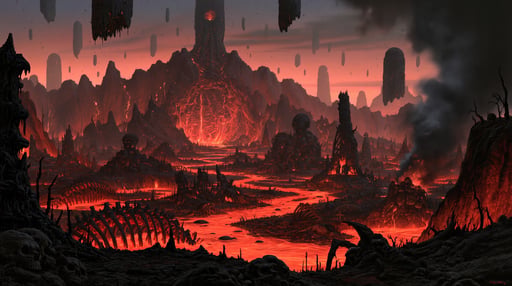 Biomechanical dark fantasy hellscape featuring rivers of glowing red lava, skeletal structures, and floating monoliths.